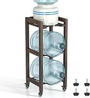 Vista 1 de 3-Tier 5 Gallon Water Jug Holder with Top Shelf – 4 Metal Wheels or Adjustable Feet – Natural Hardwood Water Dispenser Floor Stand – Wooden