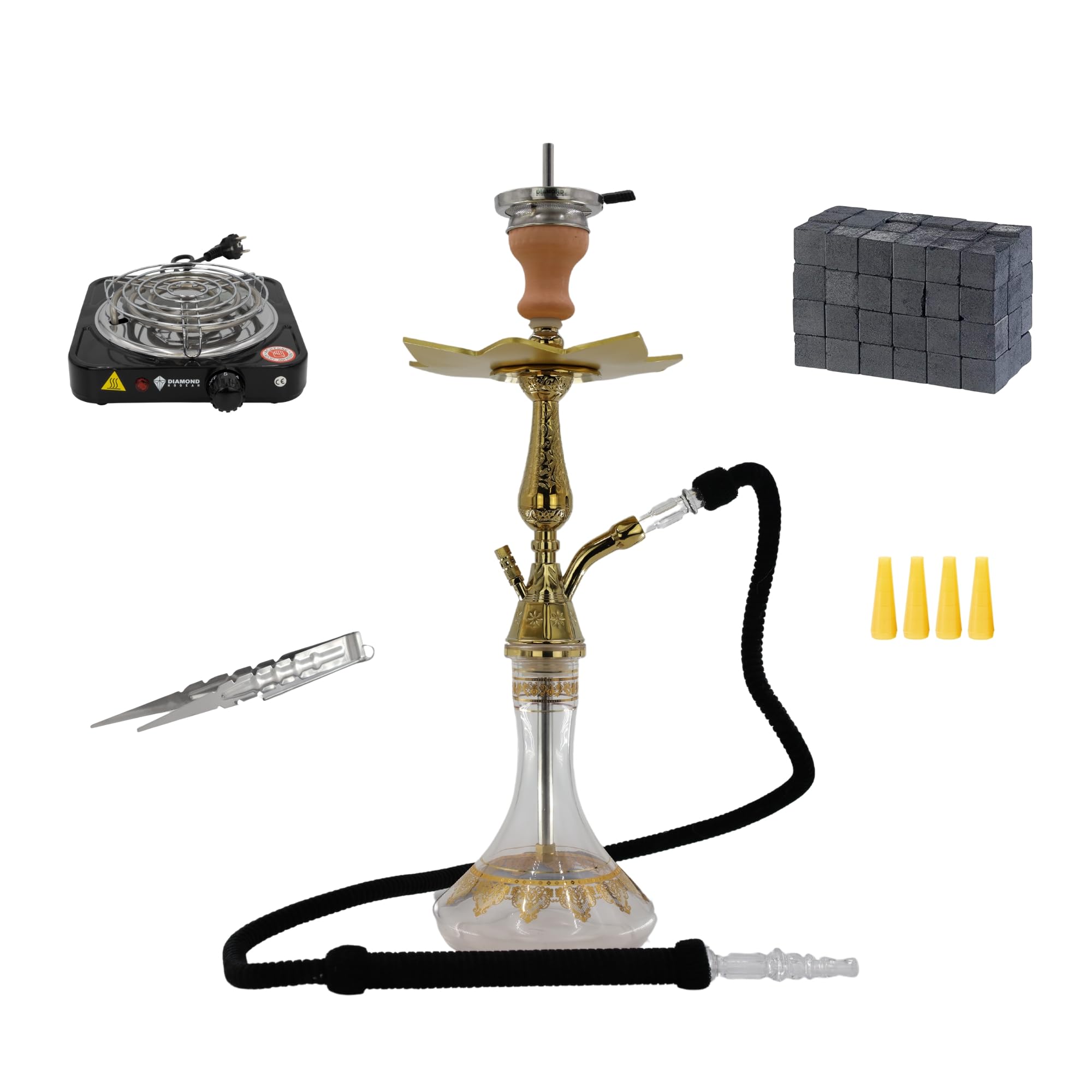 DIAMOND HOOKAH® Premium Tradi Shisha KOMPLETTSET, Tradi Shisha Aluminium im Komplettset + Mundstücke + Kohlenanzünder 1000 Watt + 1 Kg Kohle (Clear)