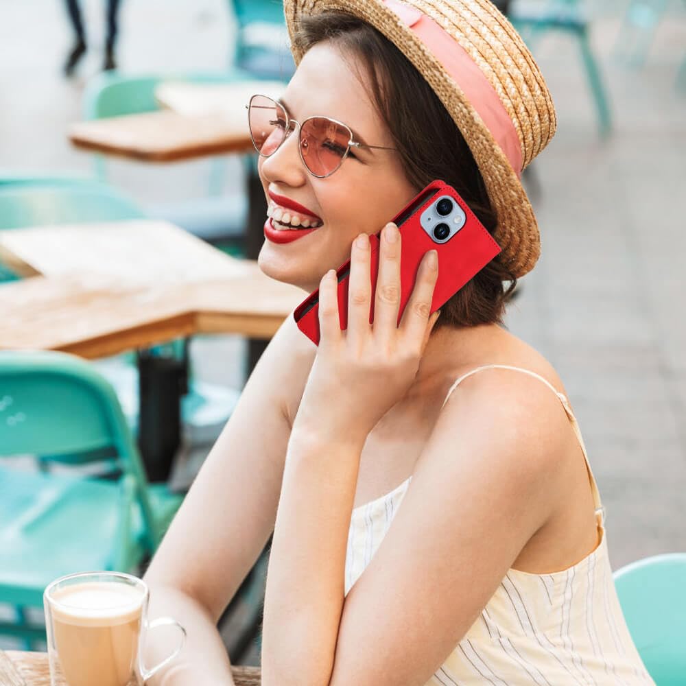 SHIELDON Wallet Case For IPhone 14 5G 2022, Genuine Leather Folio Case Magnetic Closure RFID Blocking Card Slots Kickstand Full Protection Cover Compatible With IPhone 14 (6.1 Inch) - Retro Red - View #4