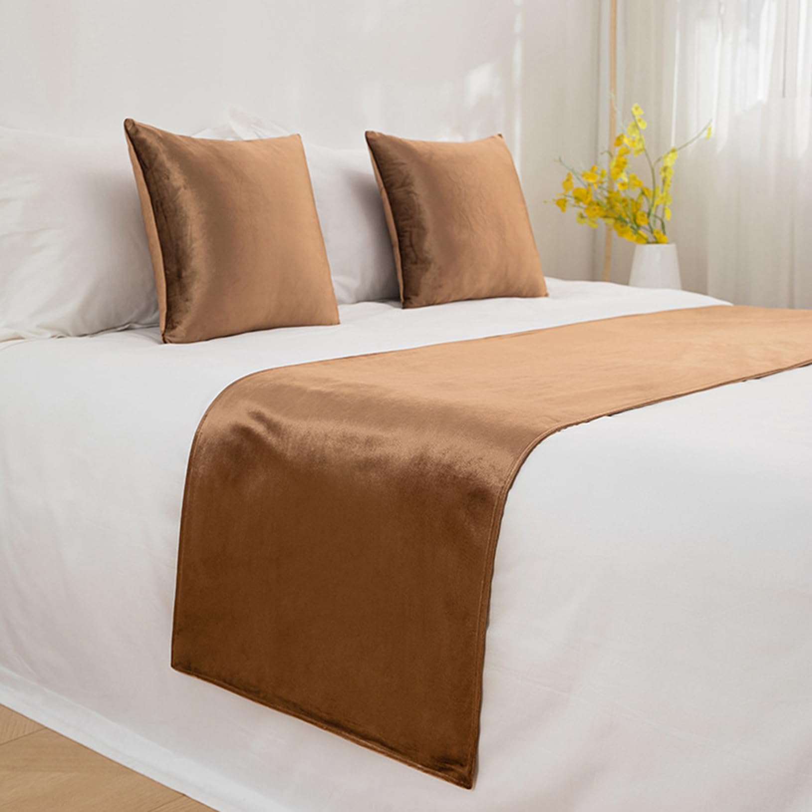 TTiiLoe Luxury Velvet Bed Runners, Double-sided Bed Scarves Bed Cover Protection Bedspreads for Hotel Bedroom, Brown, 45 * 240cm for 1.8m Bed