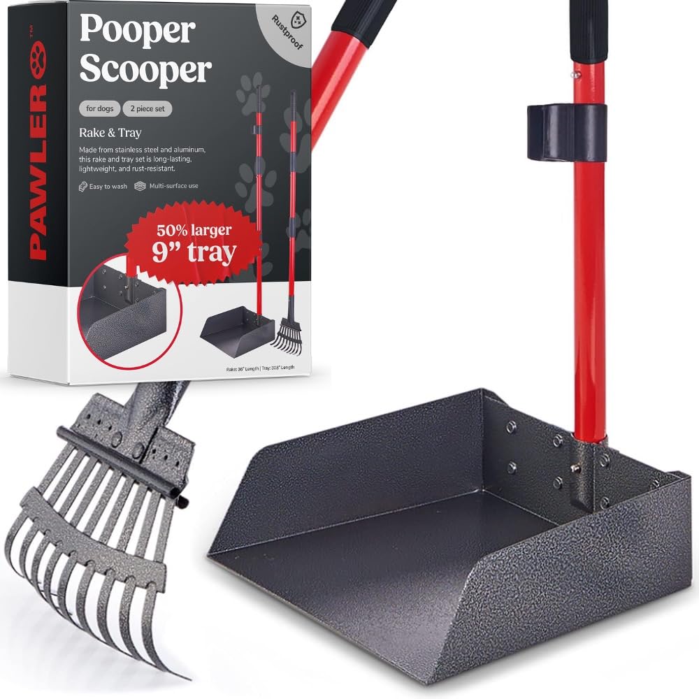 Pooper Scooper for Large Dogs, Small Dogs and Horses, Metal Poop Scooper Set with Long Handle Rake and Tray for Yard, Grass, Dirt or Gravel, Heavy Duty Aluminum Poop Picker Upper