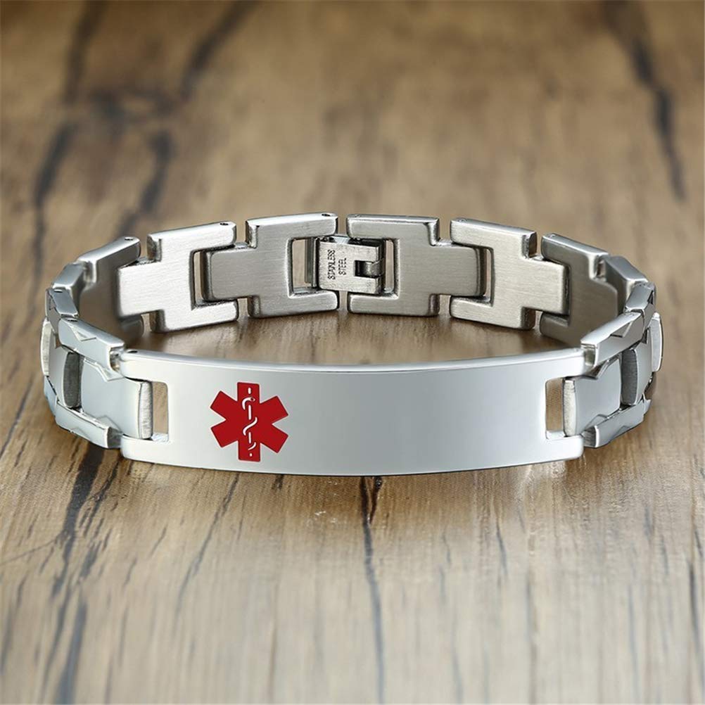 Fashion Month Bracelet d'identification médicale en acier inoxydable pour homme et femme Gravure gratuite Nom de maladie ICE Info