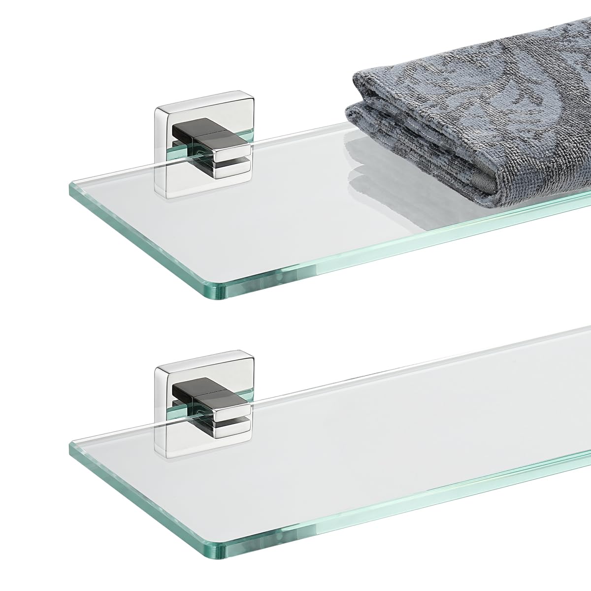JQK Bathroom Glass Shelf, Floating Tempered Glass Shower Storage 16 by 5 inches, 304 Stainless Steel Polished Chrome Wall Mount 2 Pack, TGS201L16-CH-P2