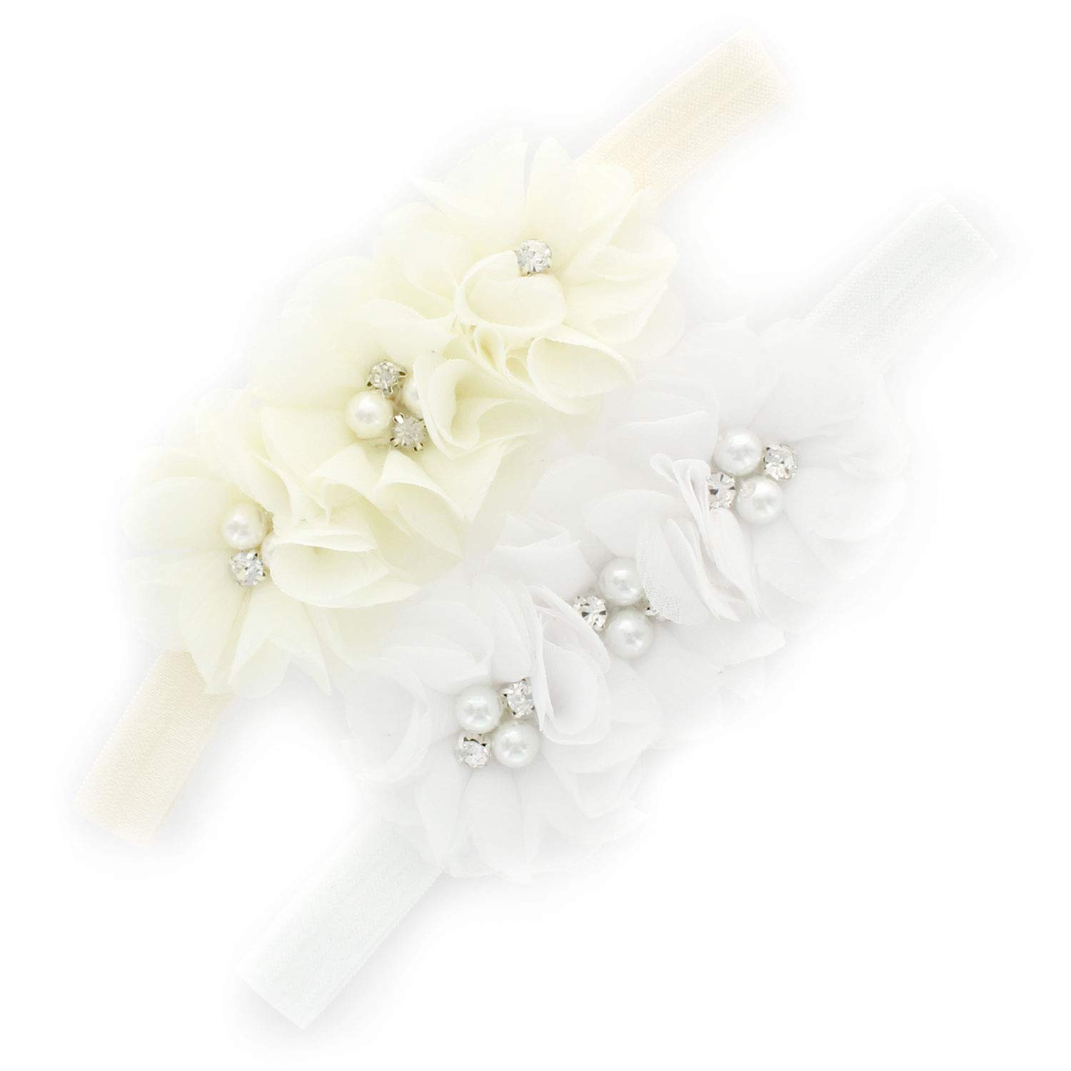 My LelloGirls Flower Head Bands Headbands Toddler Fabric Beaded Trio Stretchy Elastic Pair (IvoryWhite)