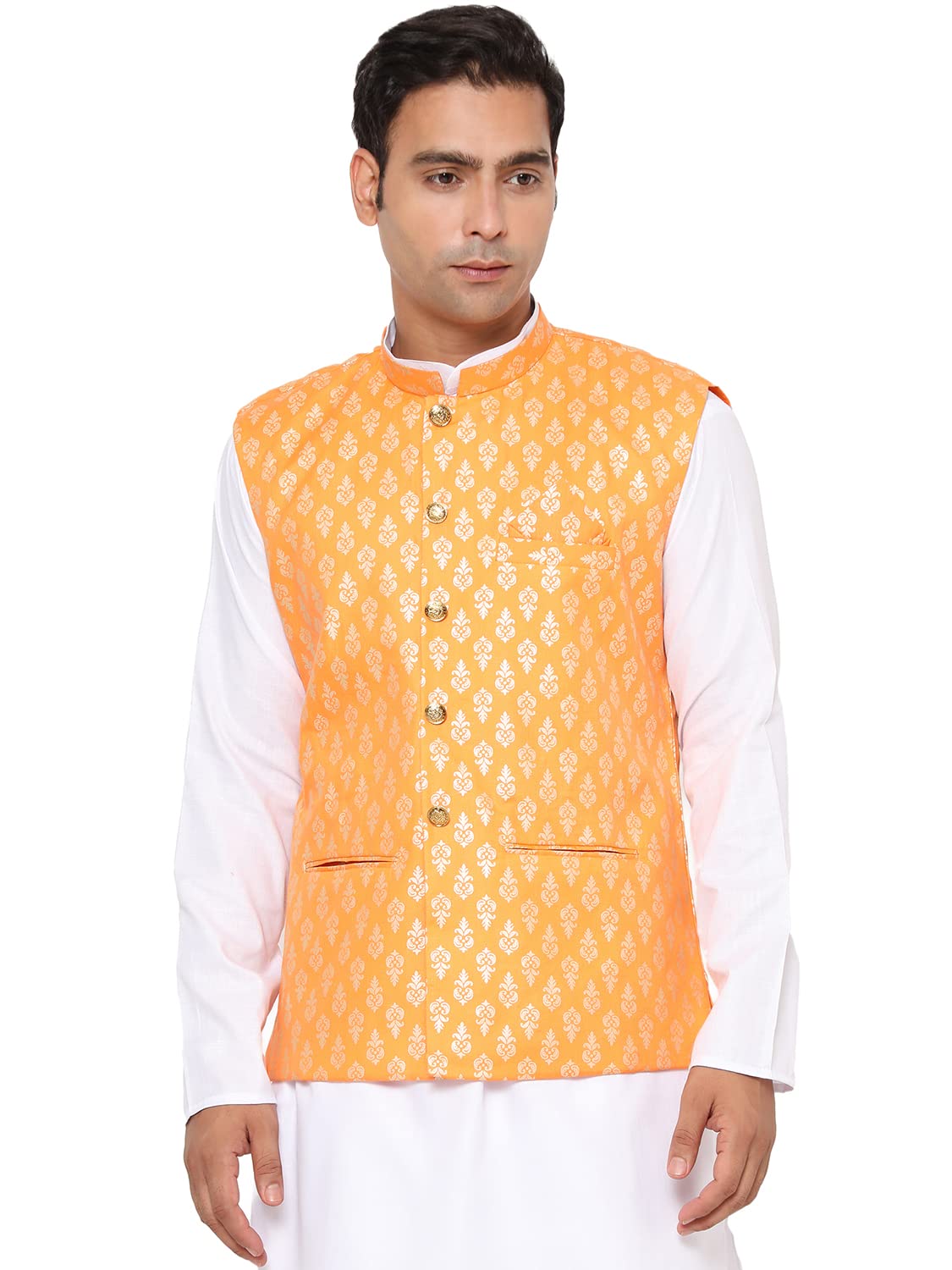 strictly designer Strickly Designer Men's Orange Silk Blend Woven Ethnic Nehru Jacket/Modi Jacket/Waistcoat Koti-M-picture-51