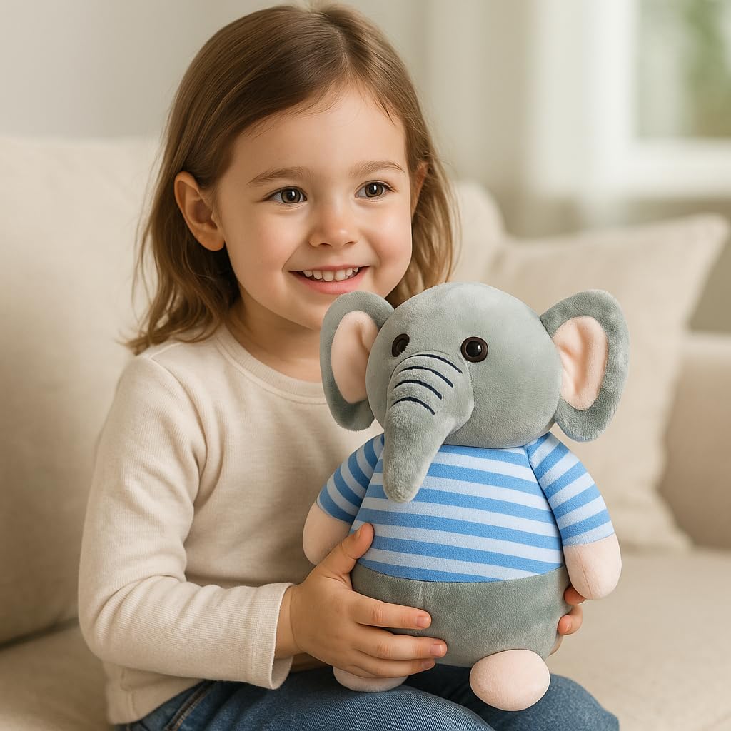 Fun4you Elephant Soft Toy for Kids 25 cm - Cute Animal Plush Toy with Red Striped Shirt - Stuffed Elephant Toy for Baby Boys & Girls - Cuddly Soft Animal Toy for Toddlers 4