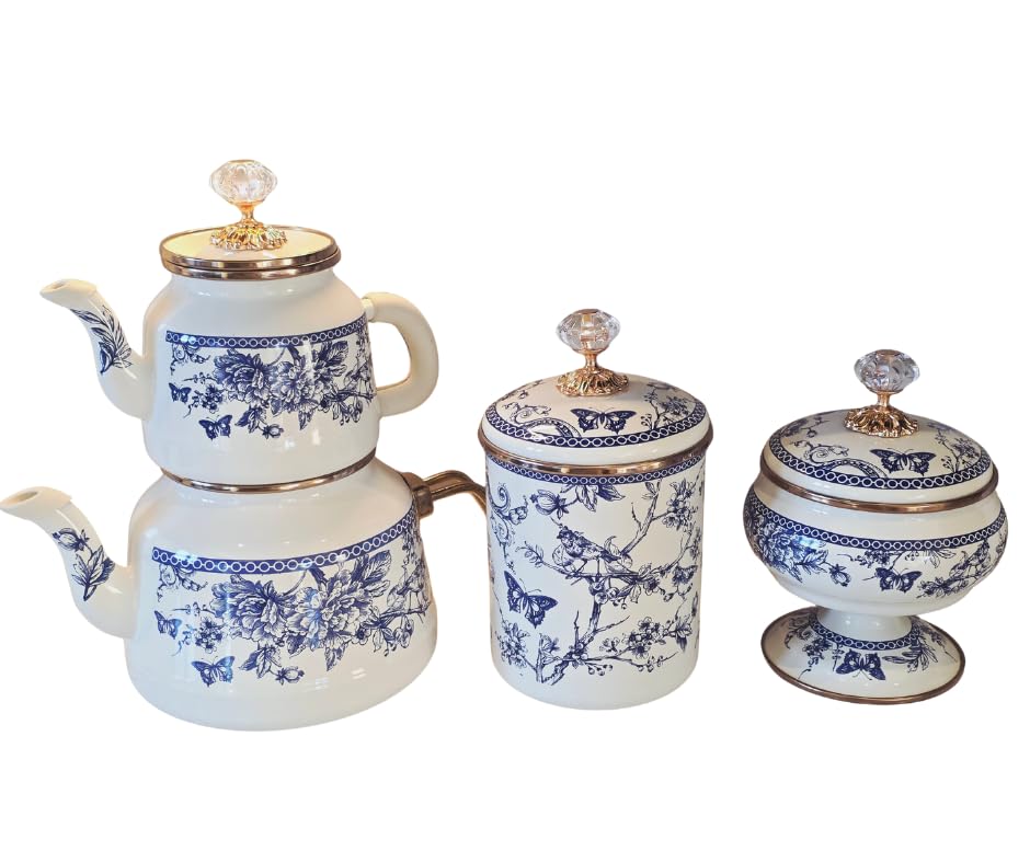 Théière turque vintage aux accents dorés et finitions en émail floral haut de gamme