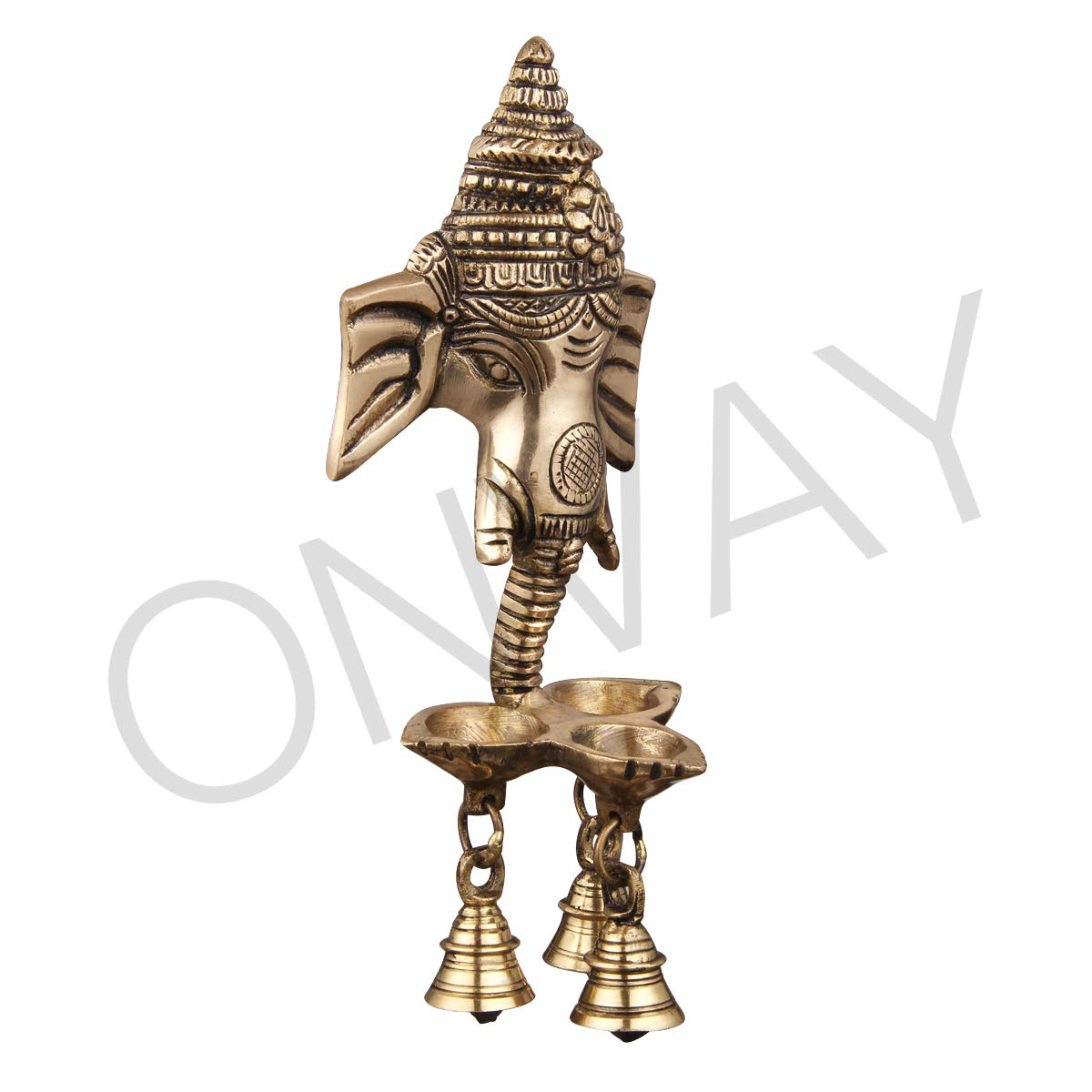 ONVAY Brass Wall Hanging Ganesh Oil Diya with Bells, 10 cm x 10 cm x 25 cm, Antique Brown, 1 Piece