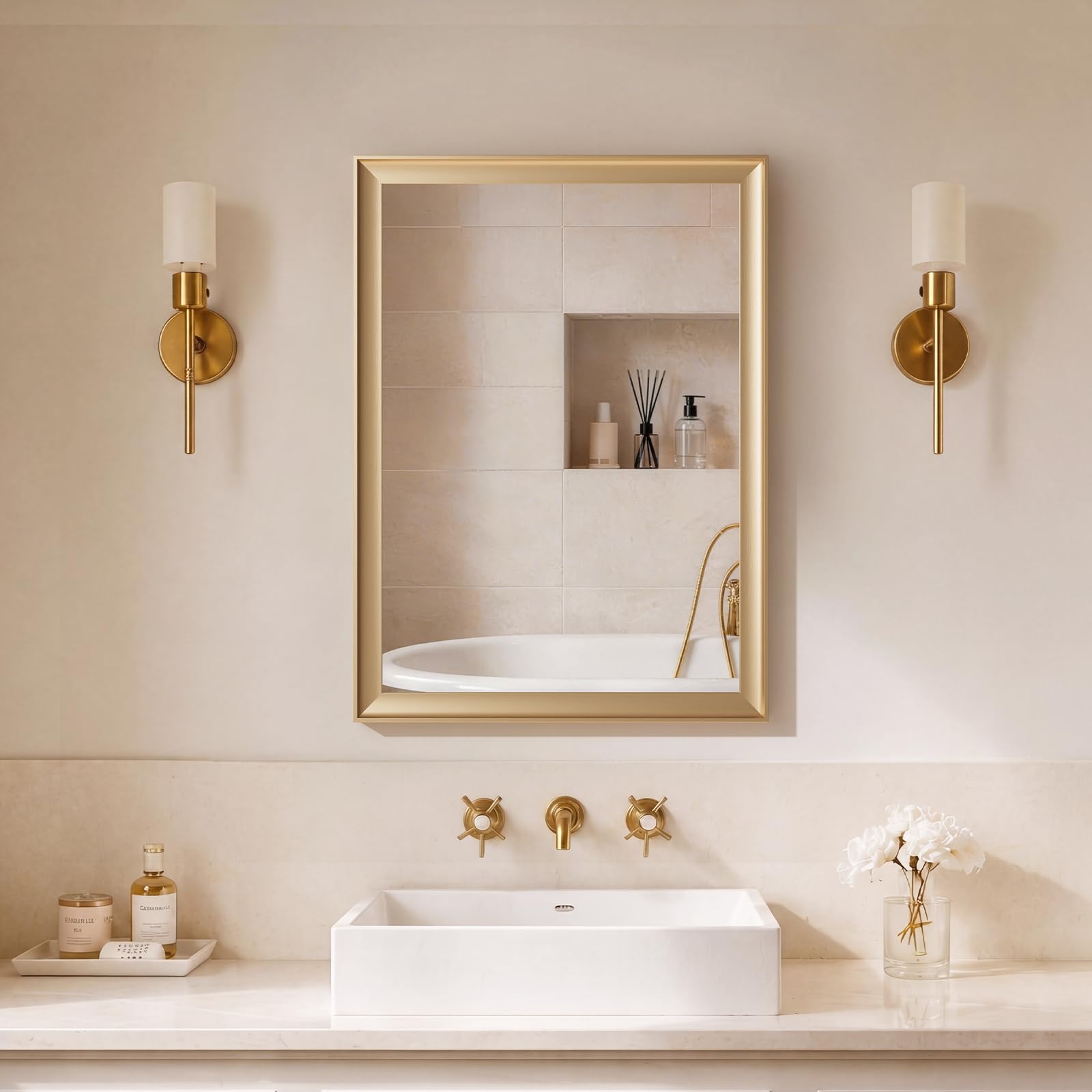 gold bathroom mirrors for over sink 22x30 inch, brushed gold rectangle vanity mirror for bedroom, entryway, living room, aluminum alloy framed, inner curved wide edge, anti-rust