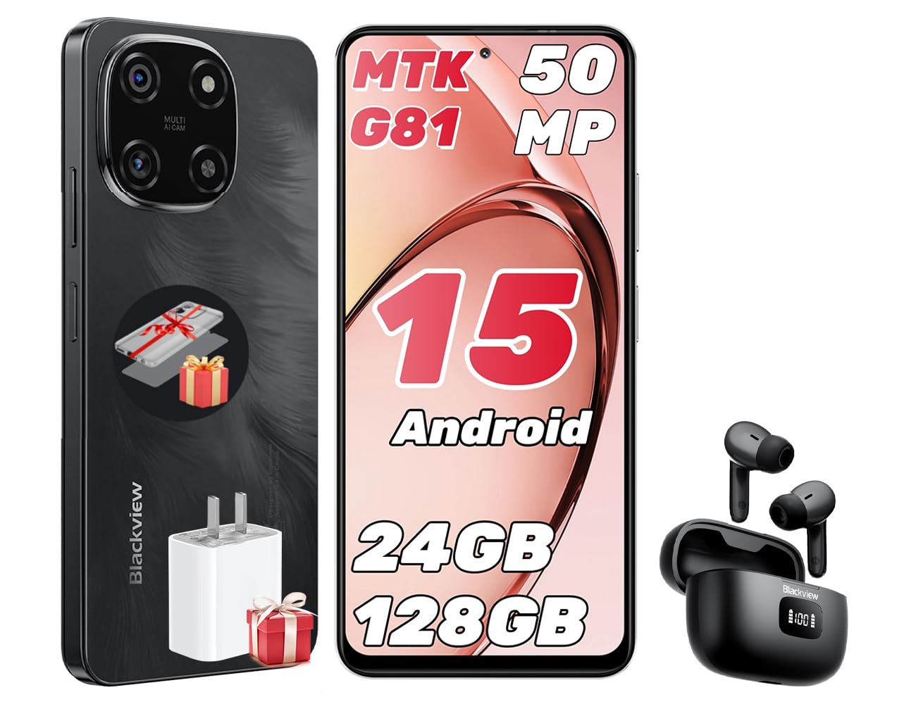 Blackview Color 6 Smartphone Android 15, 24(8+16) GB+128GB/2TB, Octa-Core, 6.67" 90 Hz, 50MP+13MP, Telefono 2025, 5000 mAh 18W, Cellulare Doppia SIM/OTG/Face ID/Fingerprint/Jack per Cuffie da 3,5 mm