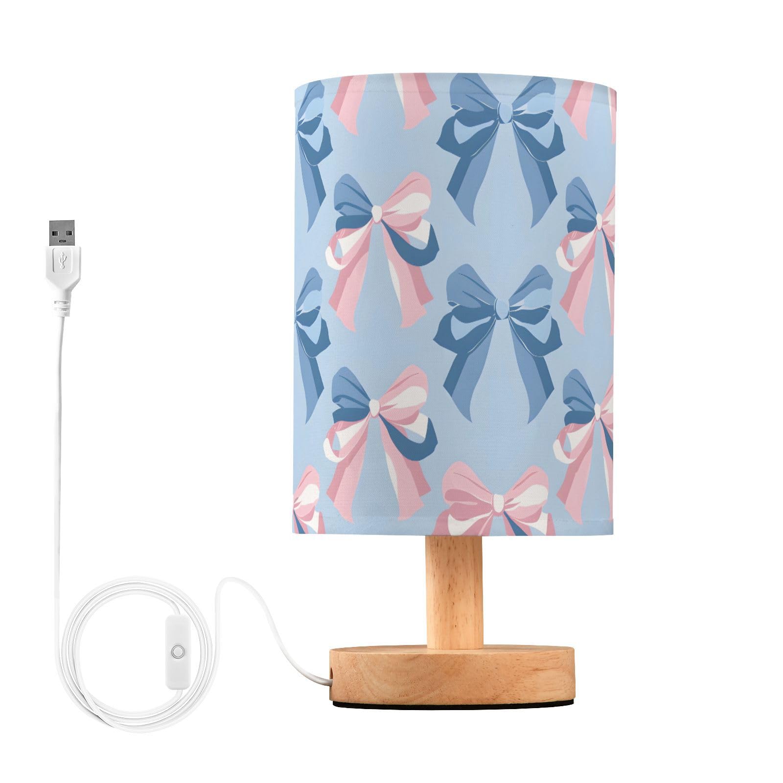 Mnsruu Bedside Table Lamp Pink Bow Blue Pattern Bedside Lamps LED Light Desk Lamp Fabric Shade Small Lamp for Living Room Bedroom(Bulb Included)