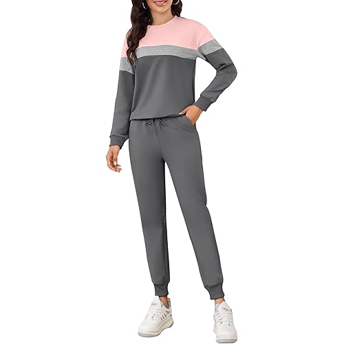 Women's 2 Piece Tracksuit Color Block Fall Outfits 2024 Long Sleeve Sweatshirt Lounge Sets Sweatsuits with Pockets