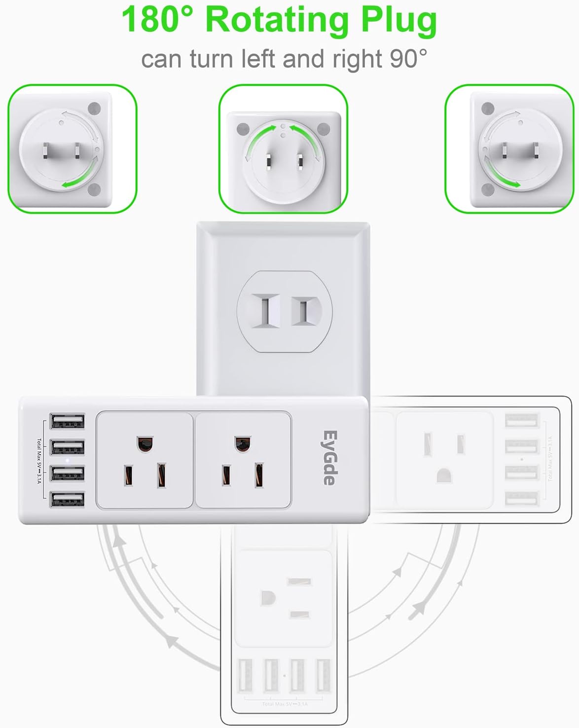 2 Prong Power Strip with Rotating Plug, EyGde Multi Plug Outlet Extender, Multiple Outlet Splitter(3 Sided 6 Sockets) and 4 USB Ports, Wall Adapter Surge Protector (1700J) for Travel, Office, White