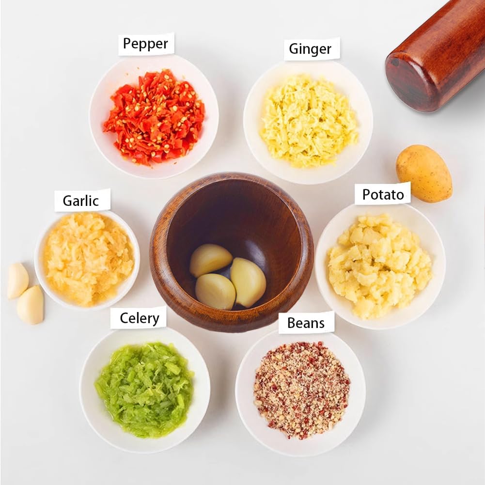 Ciotola per Macinare In Legno,Set Mortaio e Pestello Utensile Cucina per Macinare Cibo Manuale Smerigliatrice per Aglio Noci Zenzero Erbe Ciotola per Schiacciare Spezie