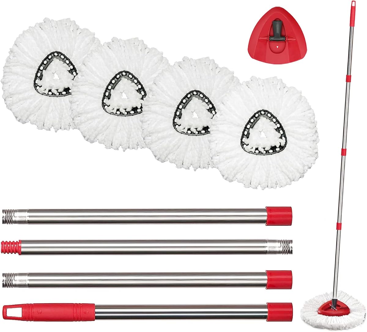 O-Cedar Spin Mop Replacement Head Set with Base and 30" to 58" Handle, Combo Set Includes 4 Pack Mop Refills