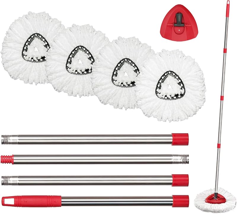 O-Cedar Spin Mop Replacement Head Set with Base and 30" to 58" Handle, Combo Set Includes 4 Pack Mop Refills
