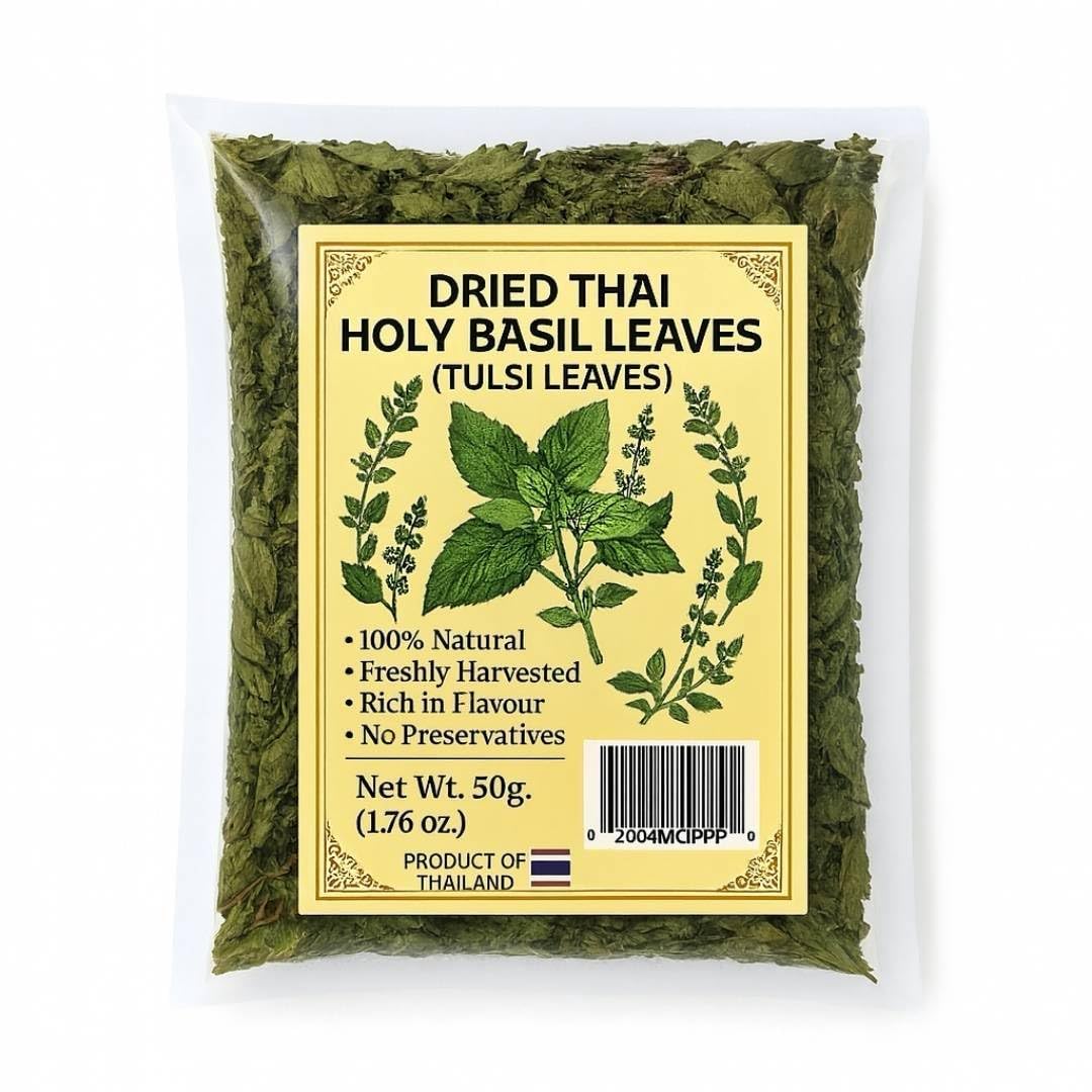 Premium Dried Holy Basil (Tulsi) Leaves – Aromatic Thai Holy Basil for Tea & Cooking – Fresh Sealed Herbal Loose Leaf.