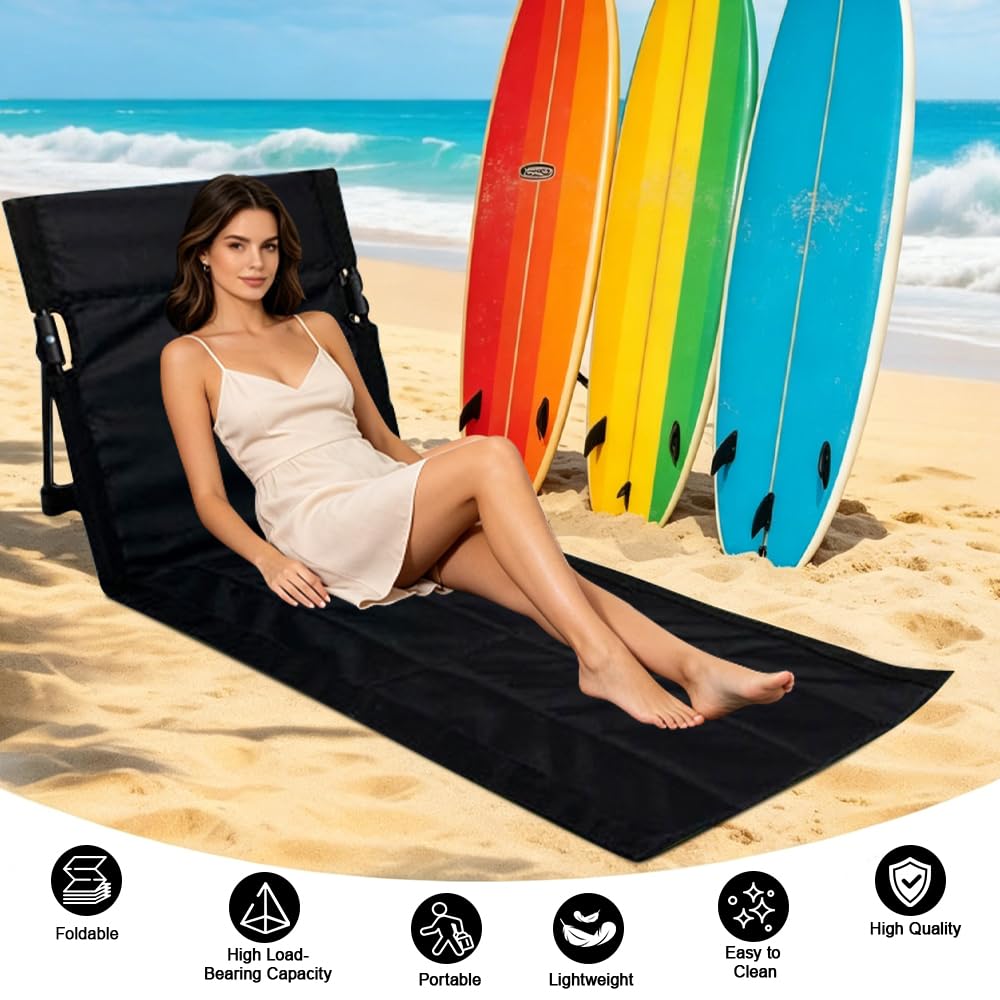 Strandmatte mit Rückenlehne Faltbar, Strandkorb mit Rückenlehne, Strandstuhl Klappbar Leicht mit Tragegurt, Campingstuhl Klein für Garten Konzerte Bergsteigen Camping (C – Schwarz (Lange)