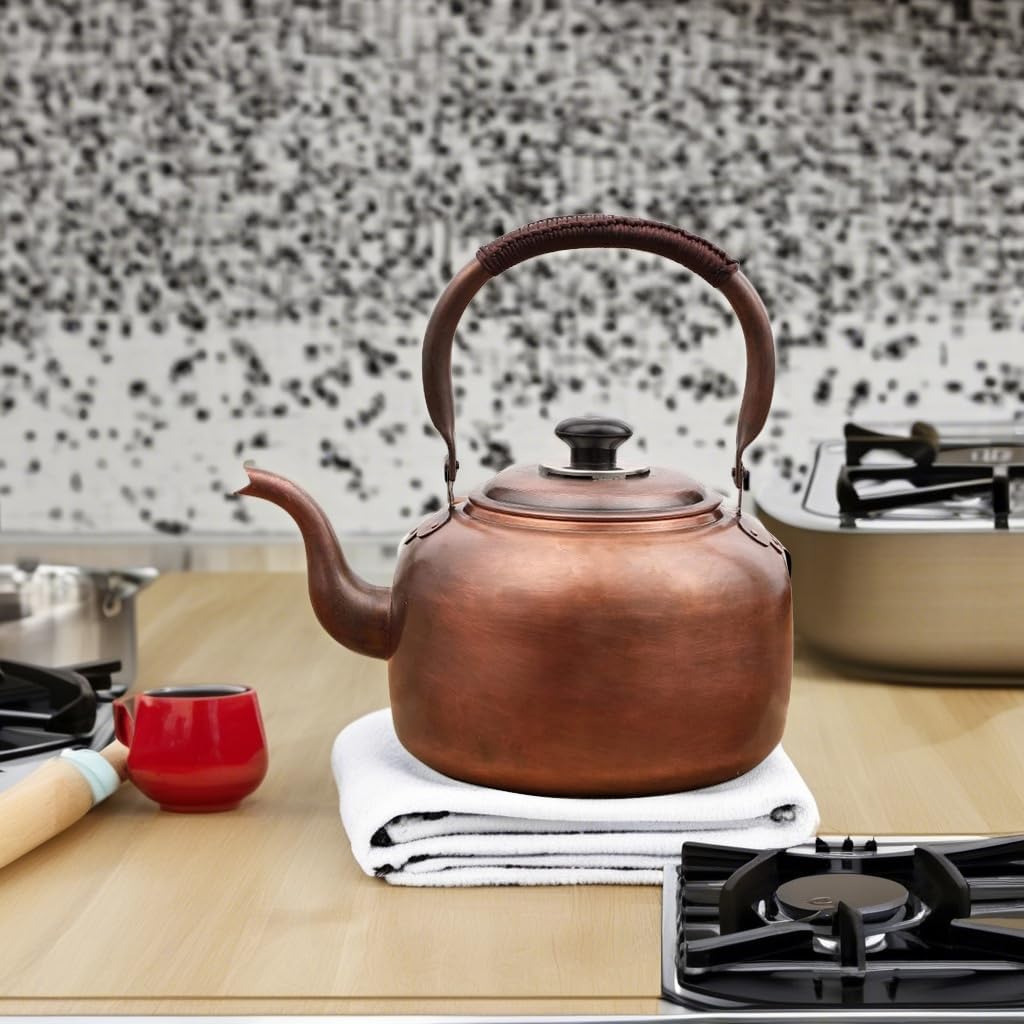 Premium Rustic Copper Tea Kettle for Stove Top, Whistling Kettle Teapot with Ergonomic Handle, Works for All Stovetops