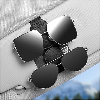 Sunglasses Holder for Car Decor,Leather Car Visor Sunglasses Holder Clip with 2 Powerful Magnetic Snaps,Double Position Sunglass Organizer Road Trip Essentials (Black)