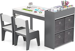 Kids Table and Chair Set, Wooden Arts and Crafts Activity Table w/Paper Roll, Storage Bins & Shelves for Writing Drawing, Children Learning Furniture, Toddler Table and Chair Set (Grey)