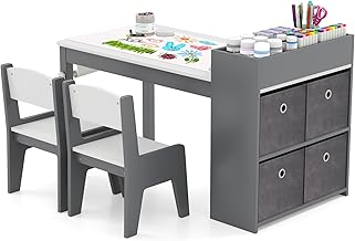 LIFEZEAL Children's Table and Chairs Set, Children's Table with 2 Chairs, Paper Rolls and 4 Storage Fabric Baskets, Activity Table for Drawing, Writing (Grey)