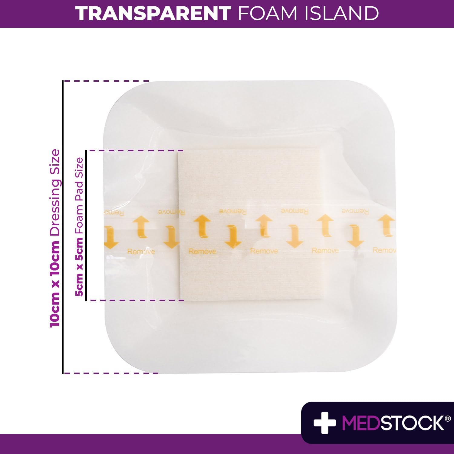 MEDSTOCK Transparent Foam Island Dressing, 4"x4" (Pack of 10), Wound Care, Polyurethane Foam Dressing, with Hydrophilic CMC Granules, Enhances Wound Monitoring, Permeable Wound Care