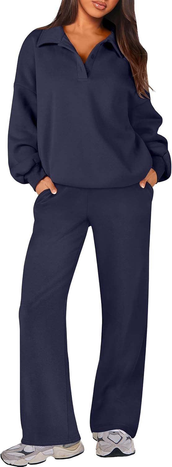 Caracilia Lounge Sets for Women Sweatsuits 2 Piece Outfits Fall Button Oversized Sweatshirt Sweatpants Matching Set Tracksuit