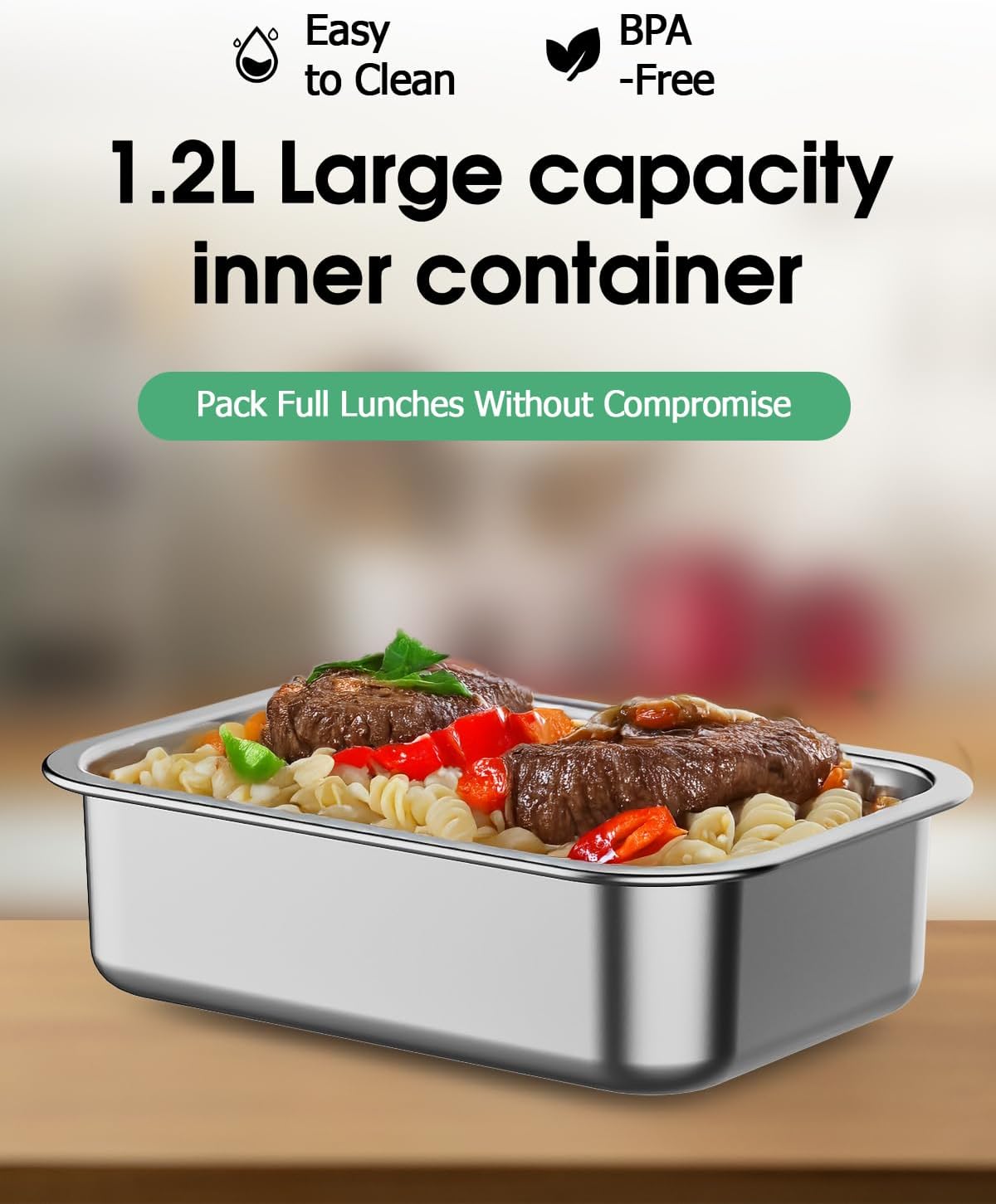 Cordless Electric Lunch Box for Adults – Battery-Powered Heated Lunch Box with 1.2L Stainless Steel Container, Leak-Proof Food Warmer