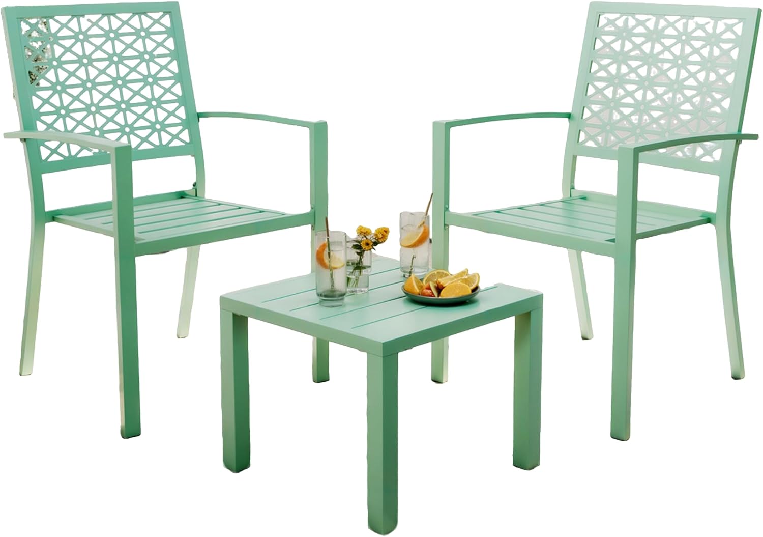 3 Piece Patio Bistro Set, Stackable Outdoor Furniture Set for Porch and Apartment, Bistro Table and Chairs with Carved Backs, Light Green Small Balcony Furniture