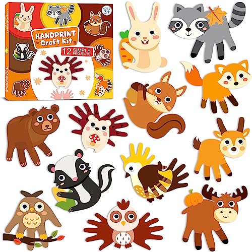 WATINC 12Pcs Woodland Animal Handprint Art Craft, Rabbit Hedgehog Owl