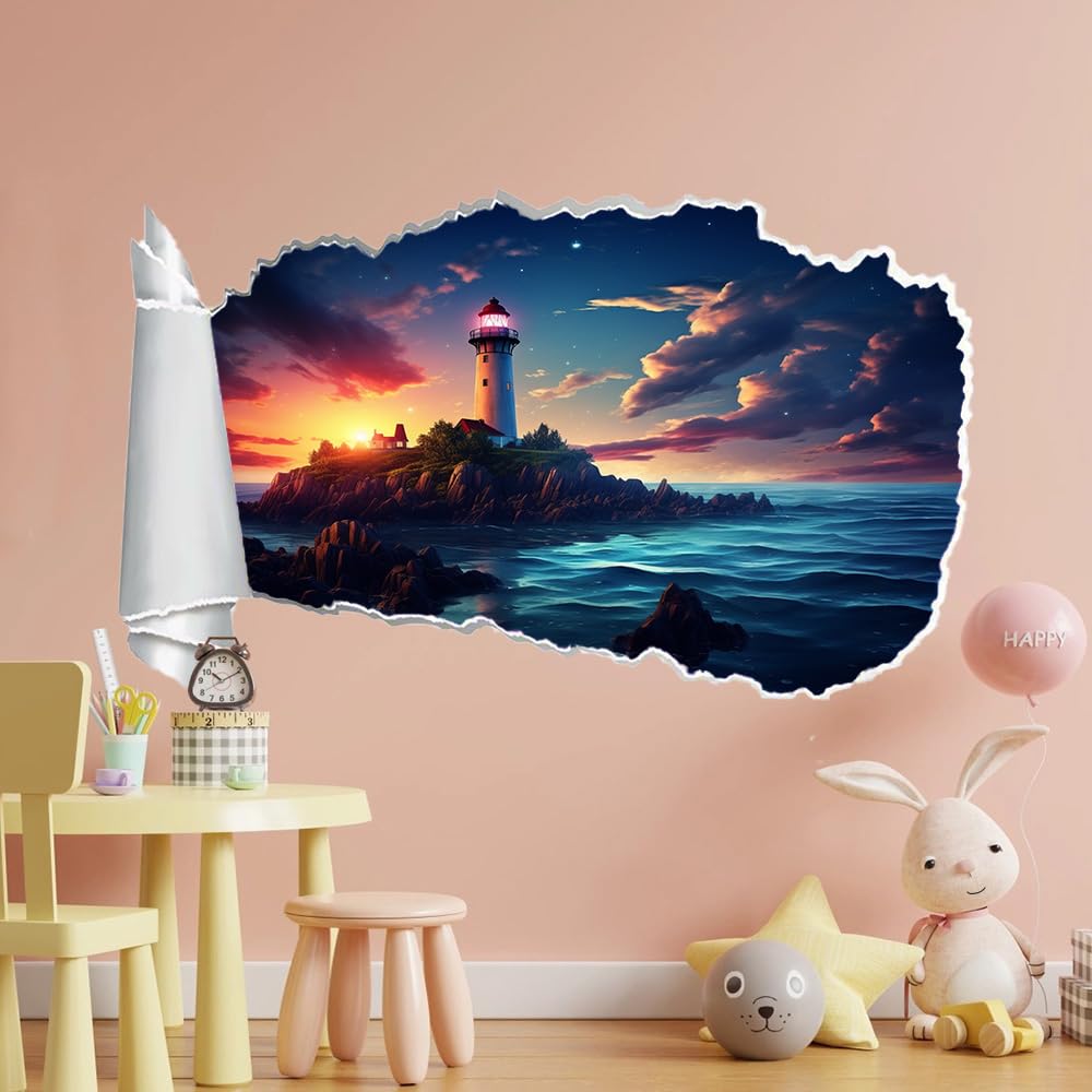 3D Wandtattoo Durchbruch Wanddeko Leuchtturminsel Wanddurchbruch sticker Wandbild Wandsticker Sonnenuntergangsblick Wohnzimmer Wanddeko Wandaufkleber für Kinderzimmer Teenager Zimmer