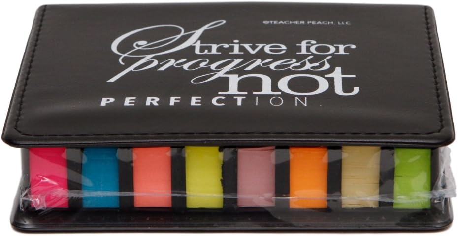 Teacher Peach "Strive for Progress" Sticky Note and Page Marker Box Set - Inspirational Holder and Organizer of Self Stick Note Cards & Book Flags - Best as Motivational Office Gift for Men or Women