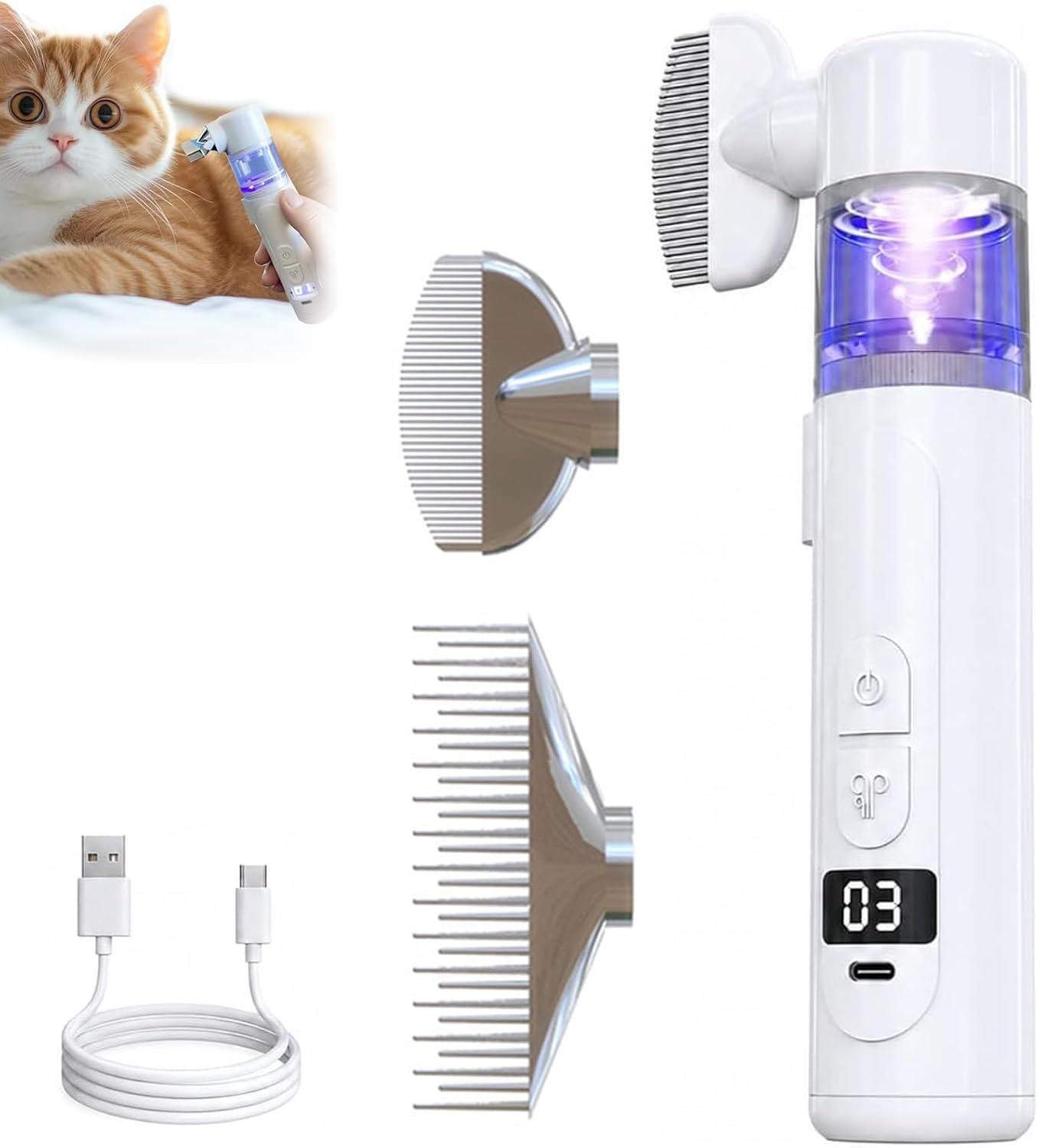 2 in 1 Pet Combs, Electric Pet Flea Remover Brush & Detangling Comb, 360° Rotation Comb Teeth & Blue Light, Rechargeable Flea Comb with 0.05mm Teeth, Vacuum Pet Grooming Brush for Cats & Dogs