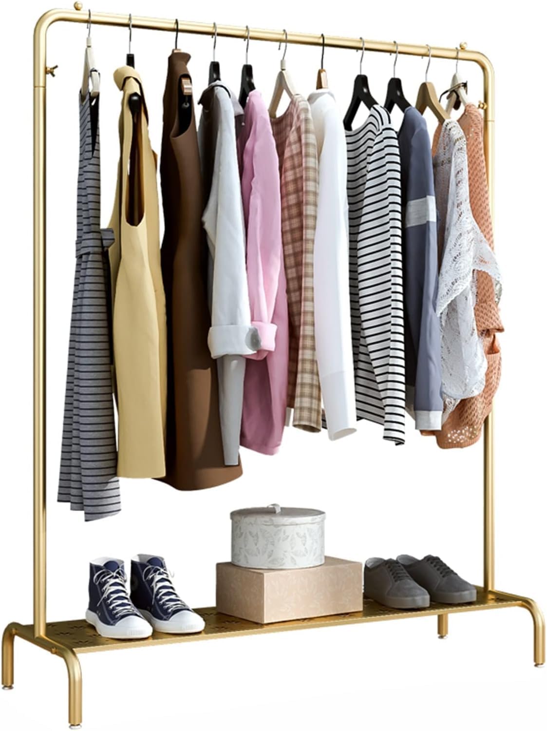 YNBSHGAA Heavy Duty Metal Garment Rack with Shelves Retail Display Clothing Organizer Storage Rack,Gold-100X40X150Cm