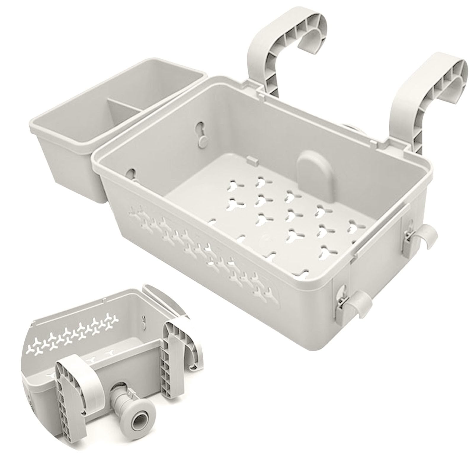 Poolside Storage Basket with Cup Holders & Hanging Hook Large Capacity Swimming Pool Accessories Organiser Hangable Basket Ideal for Deck Storage and Beverage Management (White) — image 1