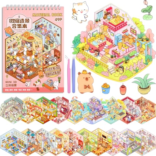 ASTARON 20 Sets DIY 3D Sticker Scene Book Sticker Therapy for Adults Make Your Own Mini Cozy Shop House Room Stickers Cute Cartoon Miniature Stickers for Girls Relief Stress Pass The Time