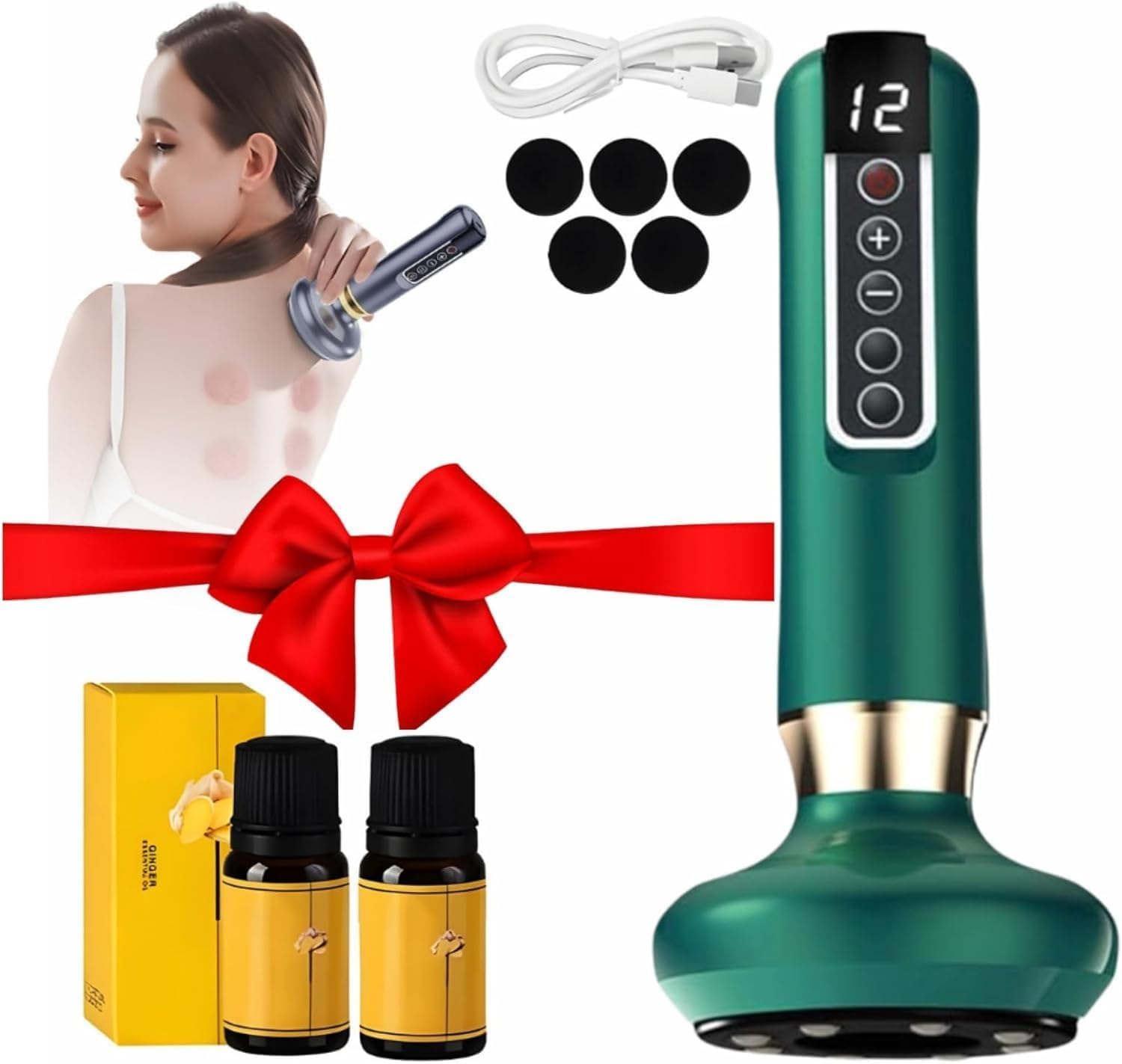 Masajeador Anticelulitico Reductor, Dispositivo de Masaje de Ventosas Eléctrico, 12 Niveles de Succión, Dispositivo de Ventosas Eléctricas para Abdomen, Cintura Brazos y Piernas (Verde)