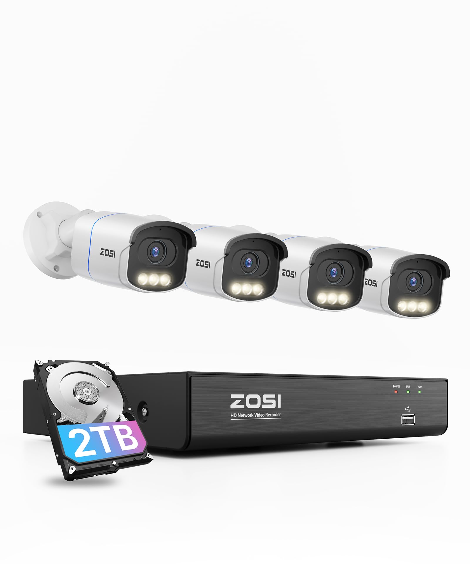 ZOSI 5MP Kit Cámaras de Vigilancia PoE Exterior, 8CH 4K Grabador NVR Sistema con (4) Cámara Seguridad IP Interior, Visión Nocturna Color, Detección y Alarma de Persona/Vehículo, 2TB HDD Incluido