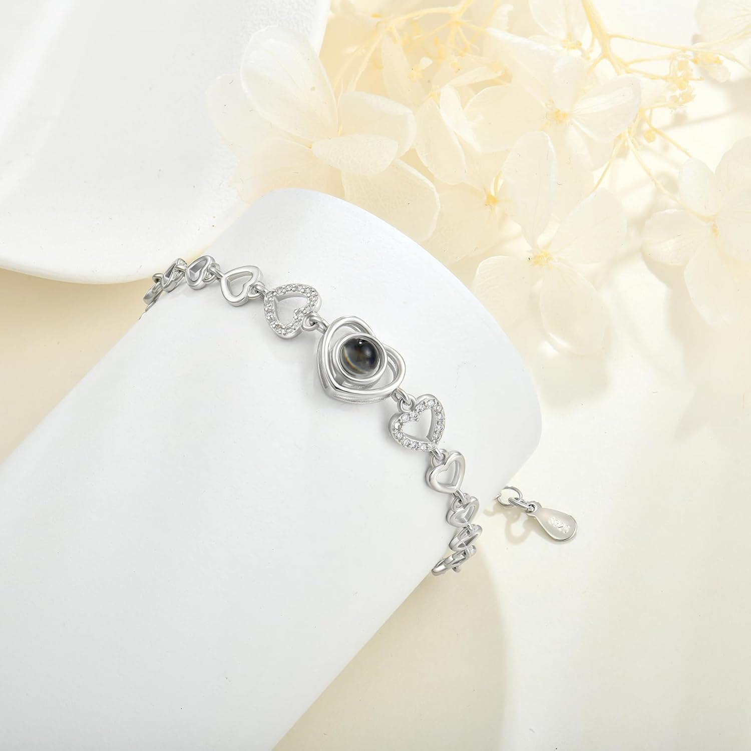 925 Sterling Silver Heart Bracelet Cubic Zirconia White Gold Plated Adjustable Love Heart-link Bracelet for Women - Image 5