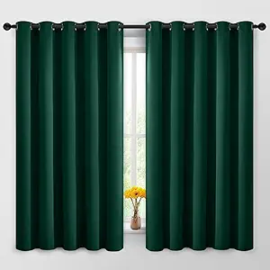 Yakamok Blackout Curtains Room Darkening Thermal Insulated Window Panels,Solid Grommet Top Drapes for Bedroom/Living Room(62Wx63L, Dark Green, 2 Panels)