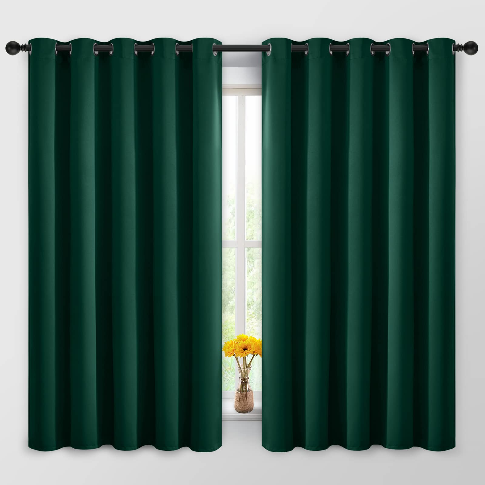 Yakamok Room Darkening Blackout Curtains Thermal Insulated Window Panels, Solid Grommet Top Curtains for Bedroom/Living Room (62Wx63L, Dark Green, 2 Panels) โ image 1