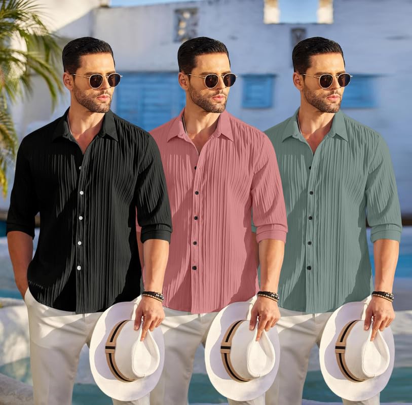 Image of FINIVO FASHION Combo of Men's Casual Cotton Plain Button Down Shirt Long Sleeve Textured Summer Beach Shirt for Men Pack of 3