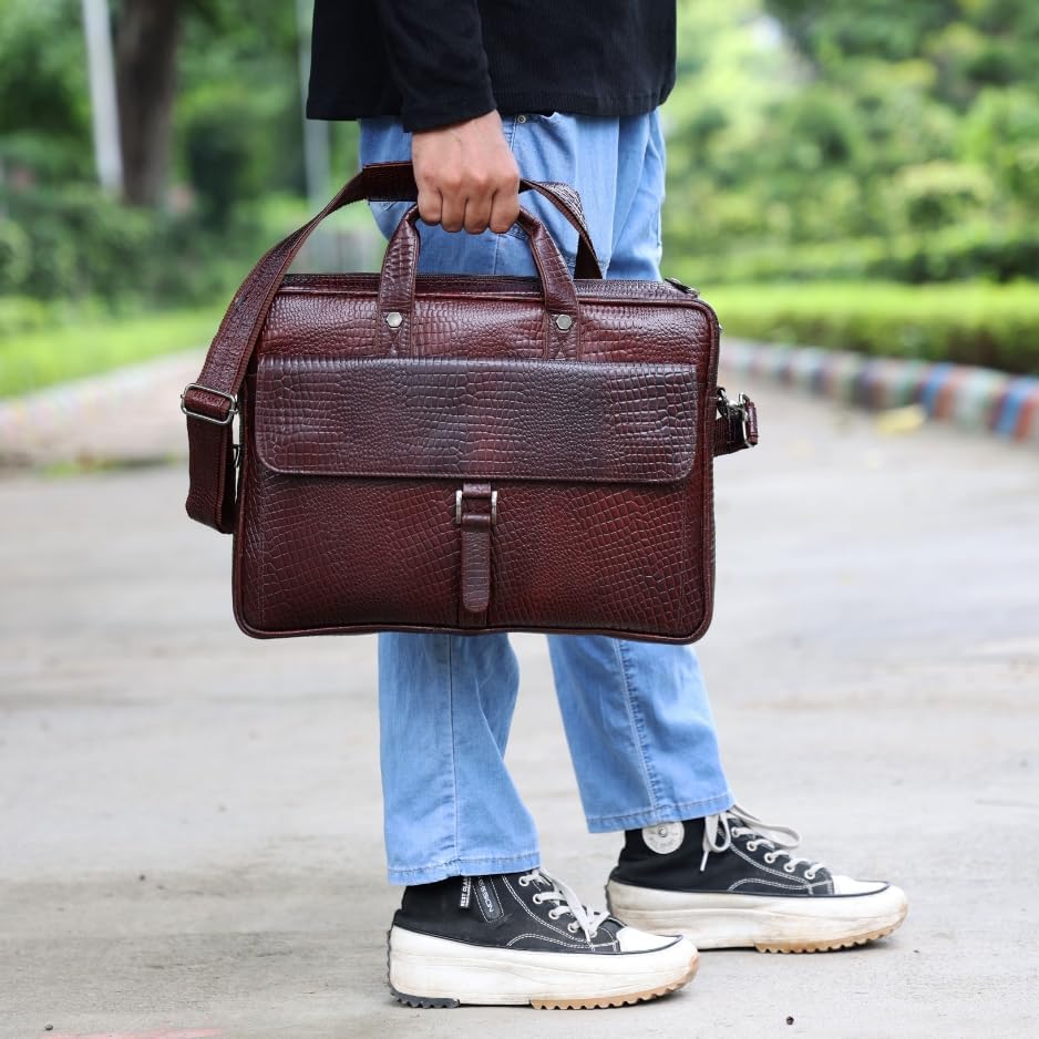 Crocodile Embossed leather bag for men, 5 Zipper Pockets with Spacious Compartments.,12 x 16 x 4 inches. - Image 2