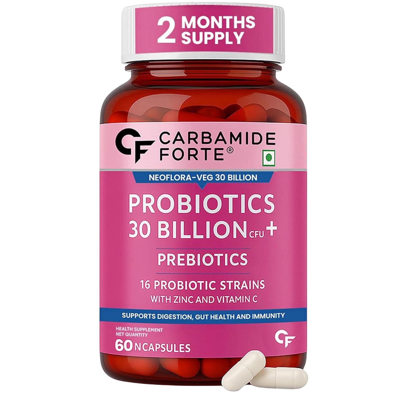 Carbamide Forte Probiotics Supplement 30 Billion CFU for Women & Men | Probiotics for Gut Health Supplements | Support Digestion & Immunity | Gut Health Probiotics – 60 Veg Capsules