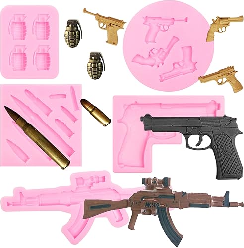 Moldes de silicona para pistola de bala, 5 unidades, pistola 3D, ametralladora 3D, granada, chocolate, fondant, para decoración de pasteles, dulces,