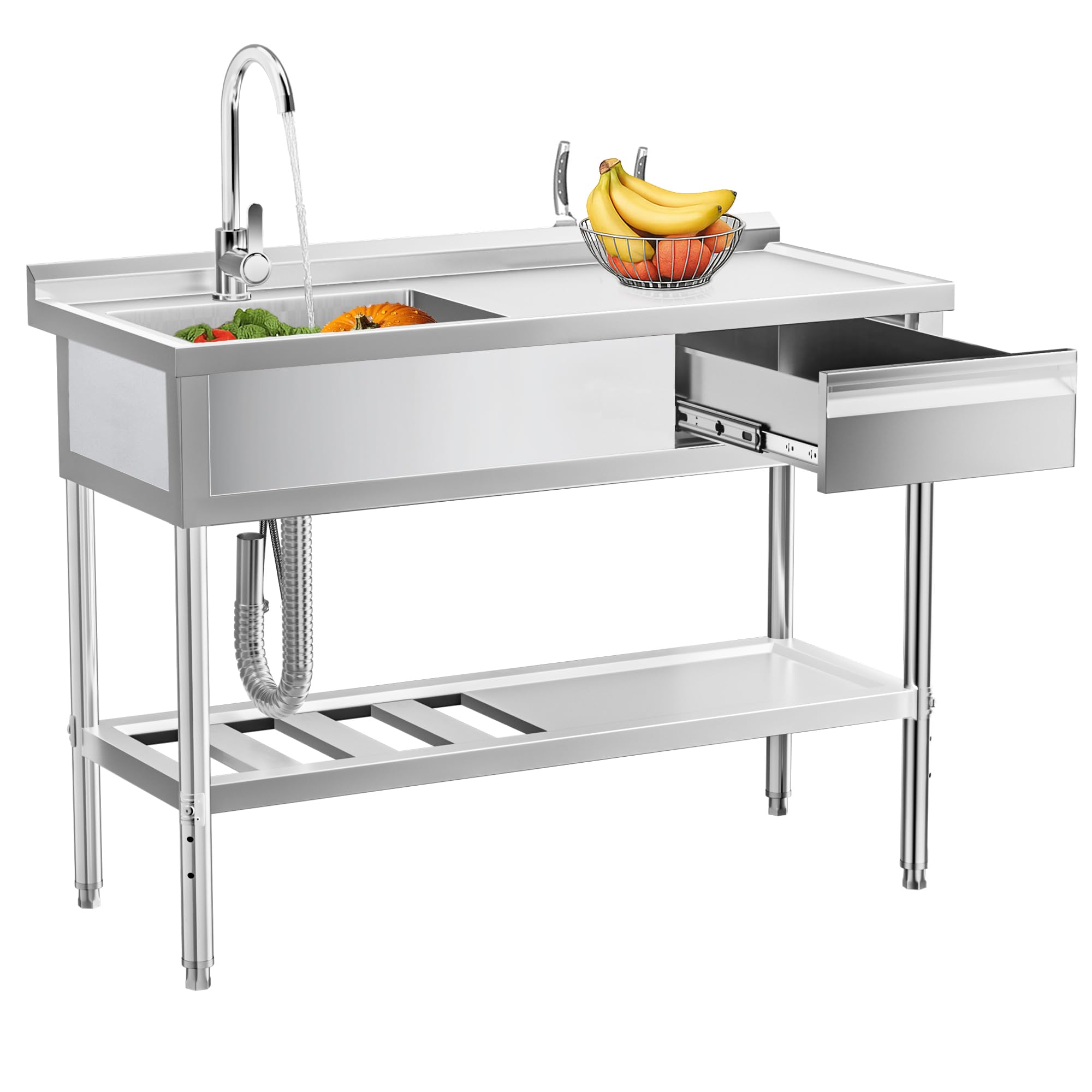 UGEBROX 304 Stainless Steel Utility Sink – Free Standing Single Bowl with Workbench, Storage Drawer & Faucet, Hot and Cold Water Pipes for Laundry