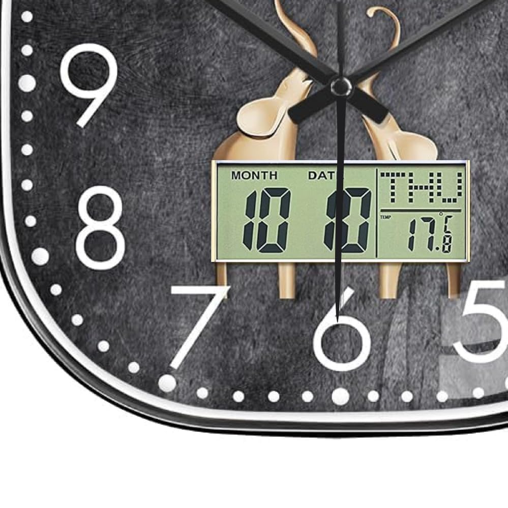 Image of Ash & Roh 12 Inch Silent Quatrz and Non-Ticking Wall Clock with Easy to Read Number and Analog Display Stylish & Decorative Design for Office, Living Room, Bedroom (Elephant Digital Square)