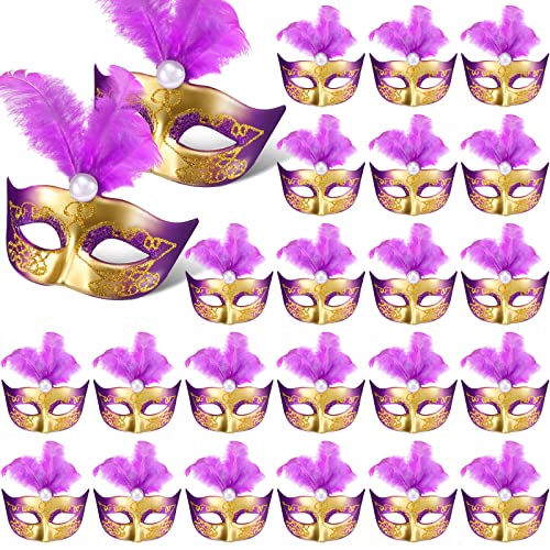 24 Pieces Mini Masks Masquerade Mini Mask Small Masquerade Mask Cake Toppers Decorative Mini Mask Mardi Gras Party Decor (Purple)
