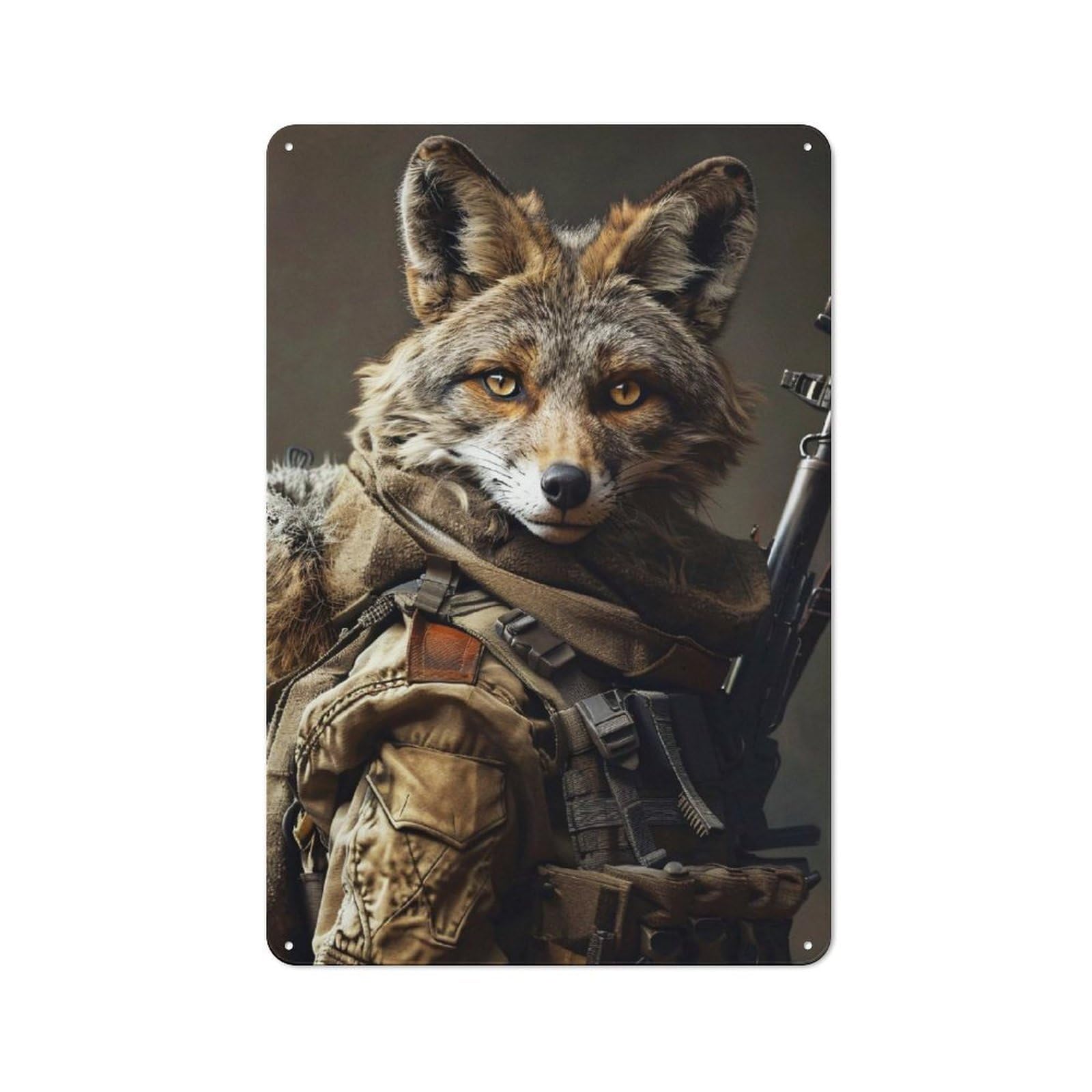 Anthropomorphic Coyote Soldier Portrait Decorative Tin Sign 30x20cm, Old Fashioned Vintage Wall Decor for Lounge, Study, Pub Or Wall Gallery